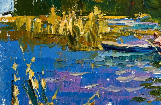 Image 1 of Original Oil Painting Summer Nature Landscape A boat ride along the river