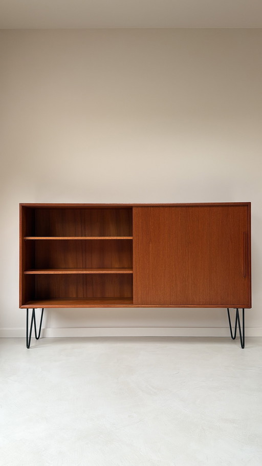 Vintage wooden sideboard with sliding door and shelves