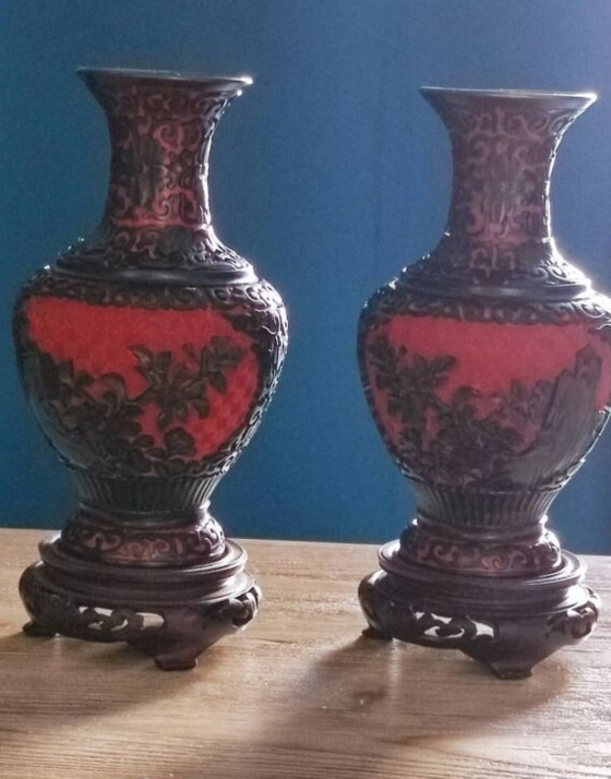Image 1 of Cinnabar vase duo
