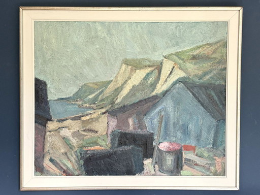 Gran óleo modernista "Acantilados coloridos" de Carl Berndtsson (1902-1982)