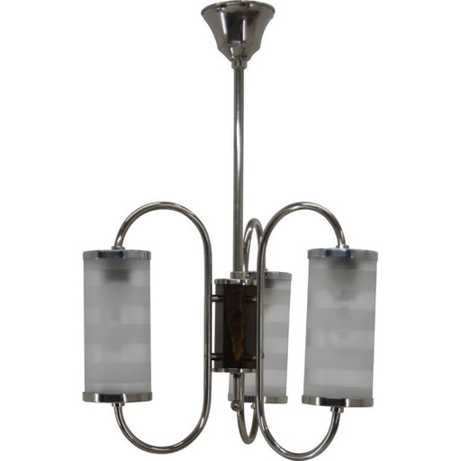 Vintage art deco three-flame chrome chandelier, Czechoslovakia 1930