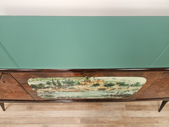Image 1 of Mid-century mahogany sideboard from the 1950s with aqua green glass and a central bar compartment