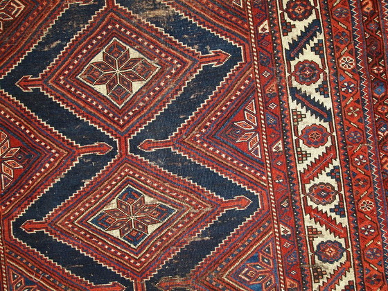 Image 1 of Handgemaakt antiek Perzisch Shiraz-tapijt met een verweerde look, 152 cm x 342 cm, 1900 - 1C464