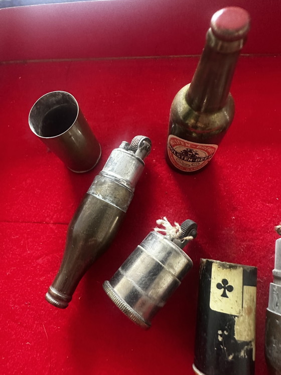 Image 1 of Lot of 7 Vintage Lighters in Pepsi-Cola / Holsteen Beer / Avrilla Milk Bottles etc.