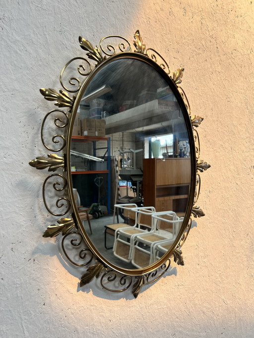 Vintage Oval Brass Mirror, Ornate Decor, Deknudt Belgium, 1970's