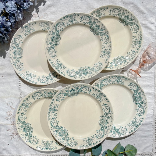 Set of 6 Antique Ironstone Dinner Plates "Figuig" – Longchamp, 19th Century