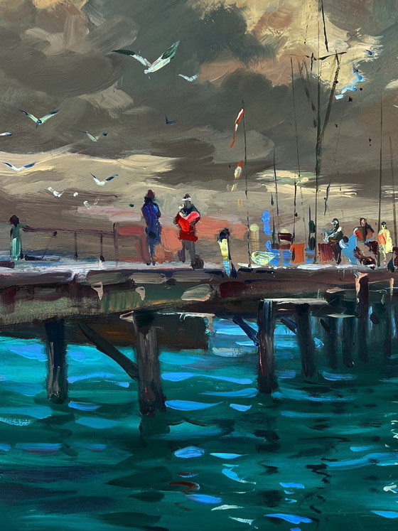 Image 1 of Peinture à l'huile originale représentant un paysage marin avec des yachts et des bateaux au quai