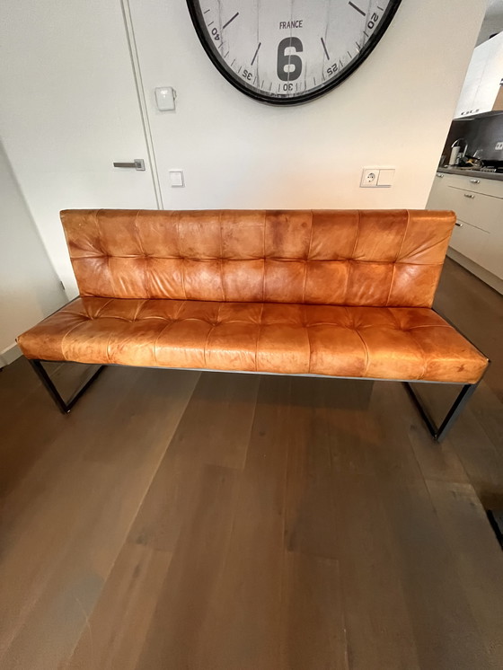 Image 1 of Ensemble de salle à manger en cuir de style industriel – 3 chaises + banc (cognac)