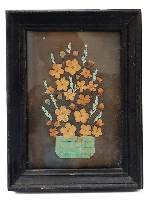 Image encadrée du milieu du siècle de fleurs séchées 18 x 13 cm