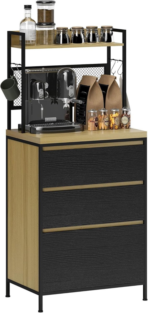 HOMCOM Armoire de Cuisine Buffet Cuisine Meuble de Rangement Industriel avec 3 tiroirs, Plan de Travail, étagère et 4 Crochets,