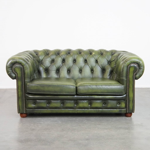 Green cowhide leather English chesterfield 2 seater sofa