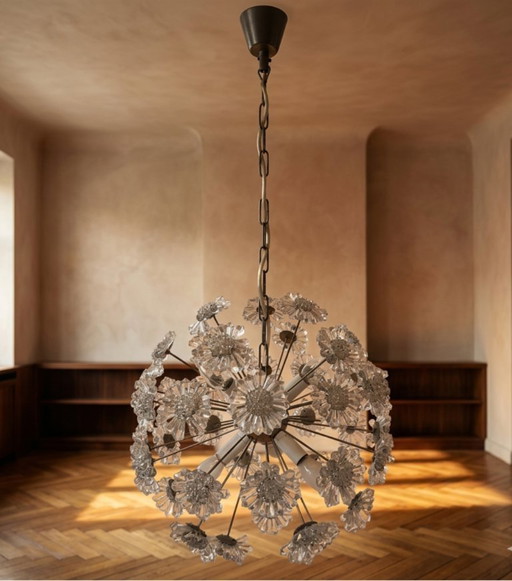 Sputnik-Löwenzahn-Kronleuchter, Glas, Chrom, Emil-Stejnar-Stil, 1970er Jahre, Tschechoslowakei