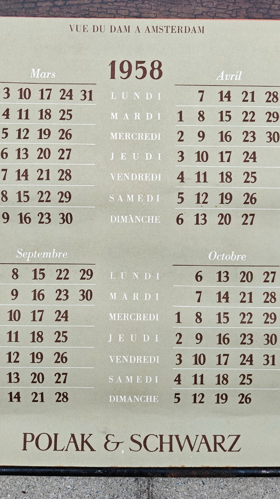 Calendario annuale Polak & Schwarz del 1958. 96 cm x 55 cm. – Oggetti decorativi, Metal, Paper (photo 5 of 7)