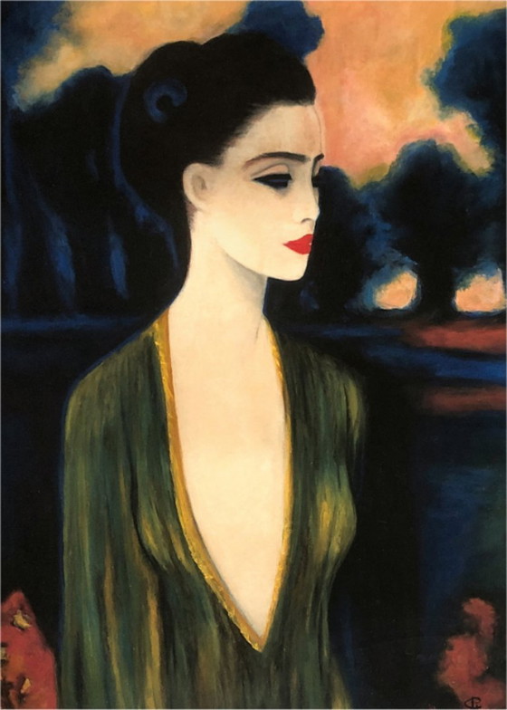 Image 1 of Art Deco Large Painting Portrait of a Woman Gouache 68x52 cm Signed C Janse