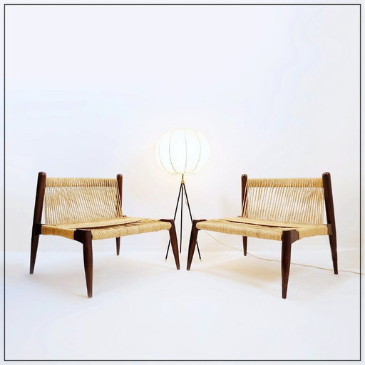 Coppia di poltrone in corda di juta e legno massiccio