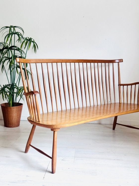 Image 1 of Vintage Minimalist Spindle Bench + Chairs 1950s/60s