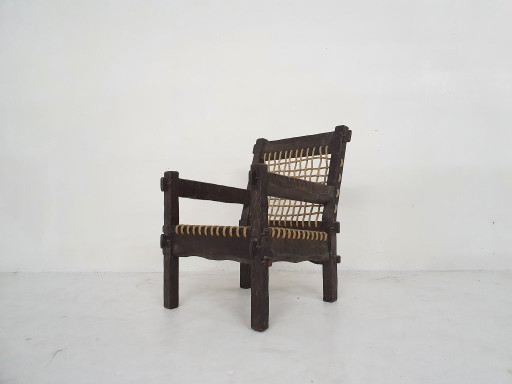Sillón único de roble macizo y cuerda, Países Bajos, década de 1960. – fauteuils, Cotton, Wood (photo 2 of 11)