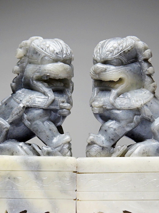 Image 1 of Pair of small Dogs/Lions Foo carved soapstone vintages