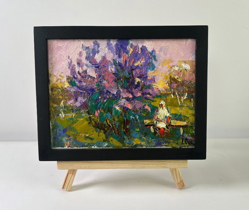 Original Oil Painting Summer Flowers Landscape On a walk near the lilacs
