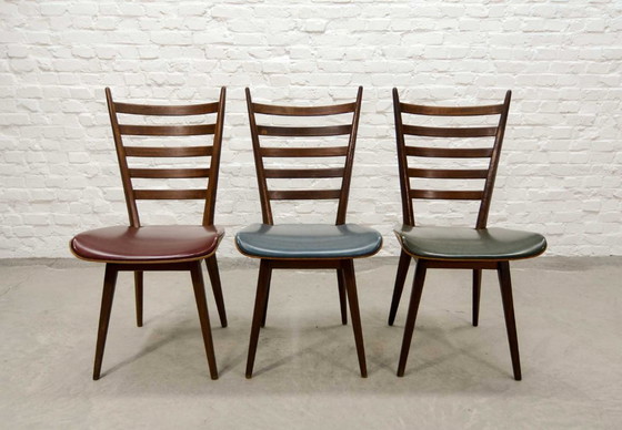 Image 1 of Set of Four ‘Quattro Colori’ Teak and Leatherette Dining Chairs in Style of Cees Braakman. The Netherlands, 1960s.