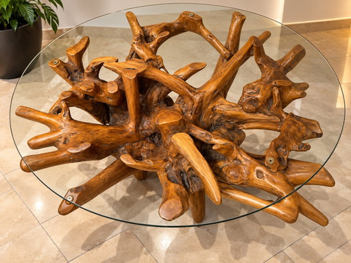 Sculpturale Bali Worteltafel – handgemaakt uniek wortelhout stuk – Ø 120 cm