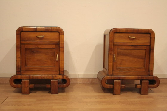 Image 1 of Pair of Art Deco Walnut Bedside Tables, 1950s Mid Century Modern, Italy
