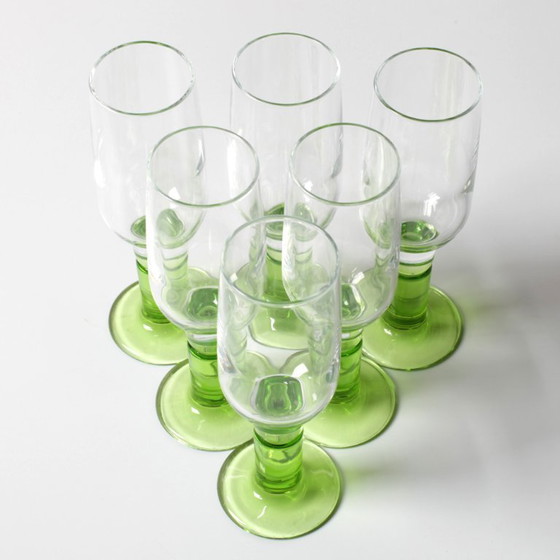 Image 1 of Set of 6 Vintage Limoncino Sherry Glasses / Green Sorbetto Stemware / Bormioli Rocco / Italy / 1970s