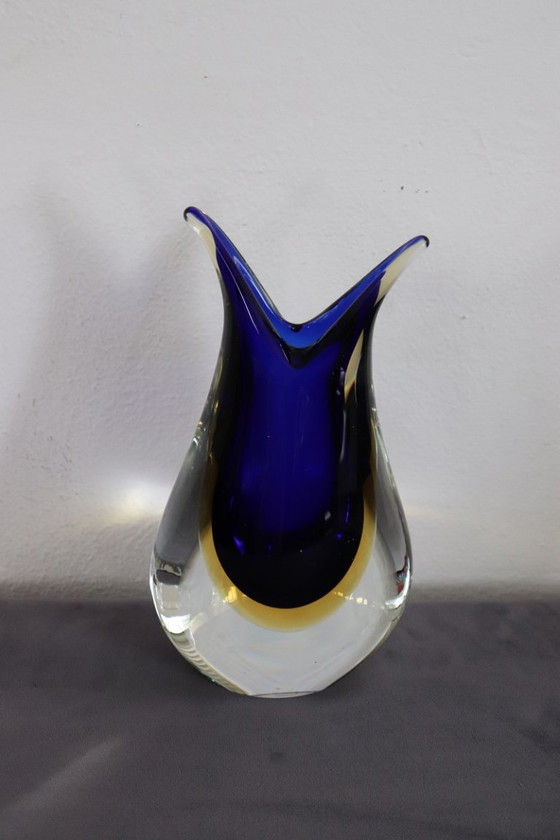 Image 1 of Vase en verre de Murano bleu et jaune par Formia, années 1970