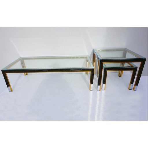 Ensemble de 3 tables basses vintage en métal chromé et doré, 1970