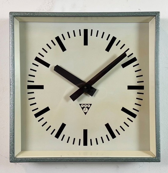 Image 1 of Green Industrial Square Wall Clock from Pragotron, 1970s