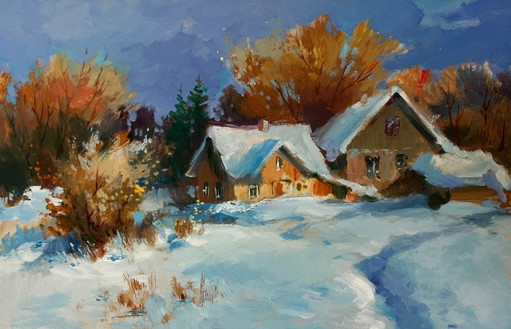 Peinture à l'huile originale représentant des maisons sous un manteau de neige, paysage d'hiver