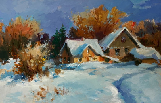 Image 1 of Original Oil Painting Winter House Landscape Houses under a blanket of snow