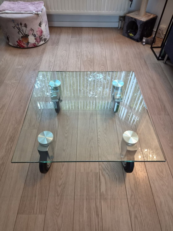 Glass square industrial coffee table on wheels, Transparent (photo 2 of 5)