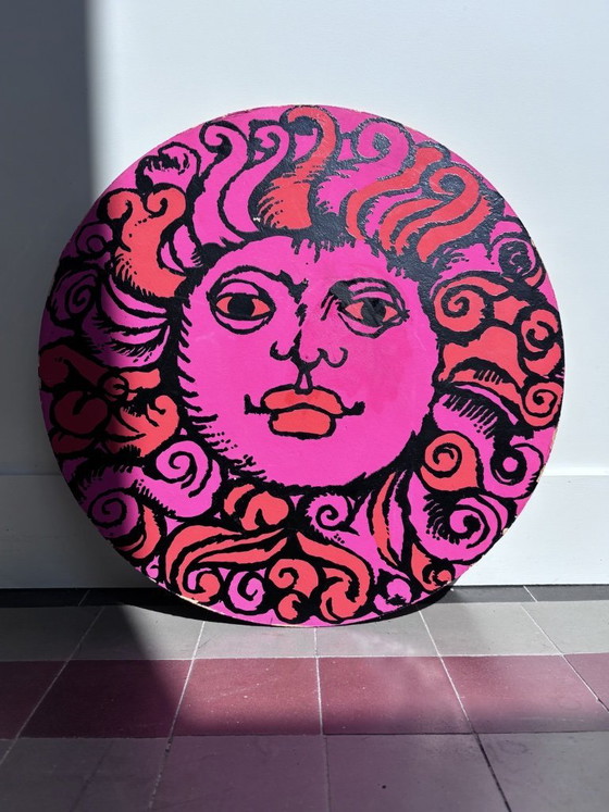 Image 1 of Rara coppia di insegne psichedeliche vintage degli anni '70 a doppia faccia raffiguranti un sole (50 cm)