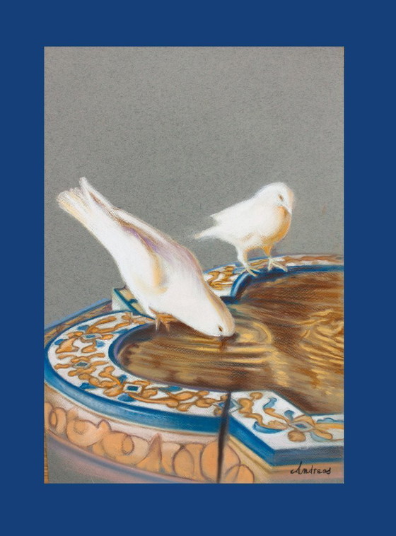 Image 1 of Pigeons drinking from the fountain. Drawing of pigeons. Painting of pigeons. Picture of pigeons. New.