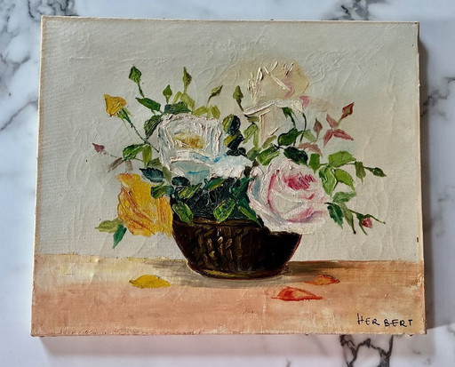 Oil painting on antique canvas, bouquet of flowers