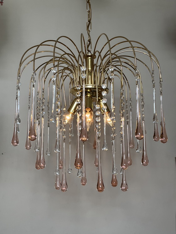 Image 1 of Lampada a sospensione vintage XXL in cristallo rosa a goccia, italiana