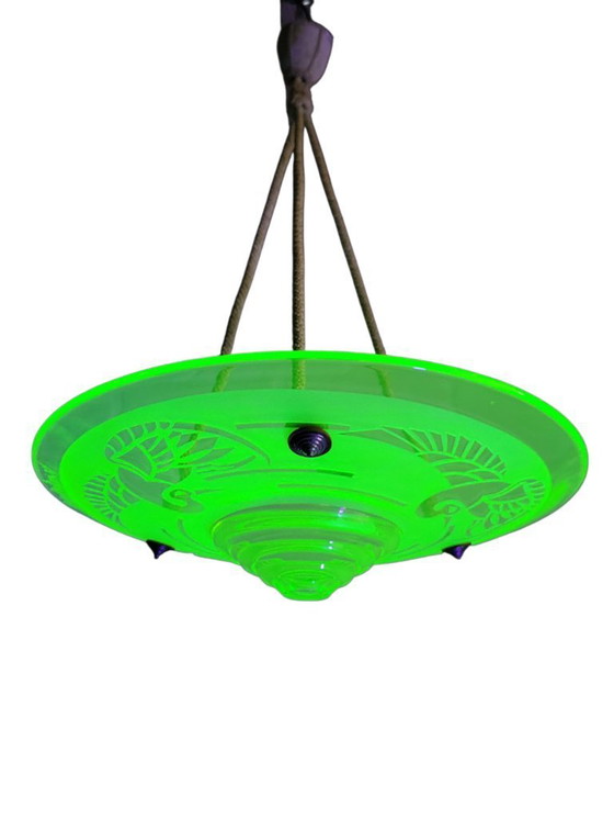 Image 1 of Very rare French Art Deco uranium chandelier from ca. 1925 by André Delatte with etched bird motif