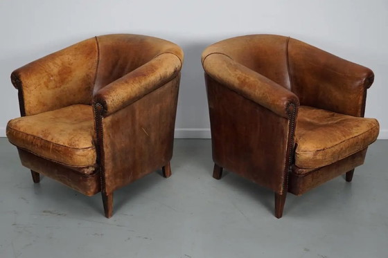 Image 1 of Vintage Nederlandse cognackleurige leren clubfauteuils, set van 2