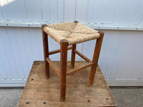 Image 1 of Sgabello rustico anni '50 in legno e paglia
