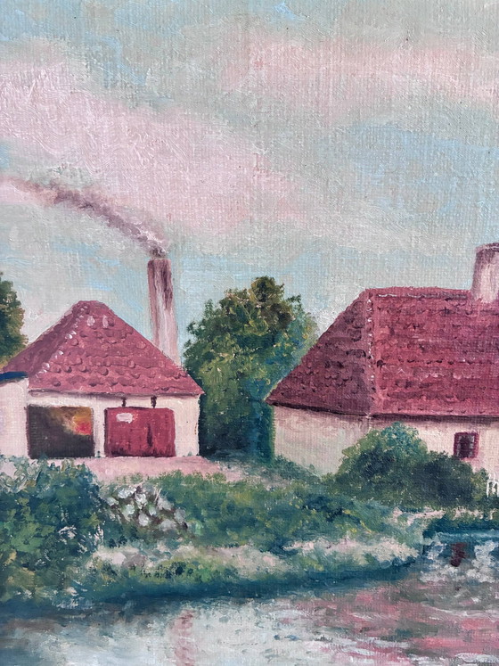 Image 1 of Peinture à l'huile originale vintage représentant un paysage, signée, œuvre d'art de ferme