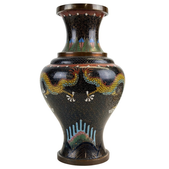 Coppia Grandi Vasi Cloisonné Cinesi – Stile Qing – Decorazione Drago Arcaico – Metal (photo 9 of 11)