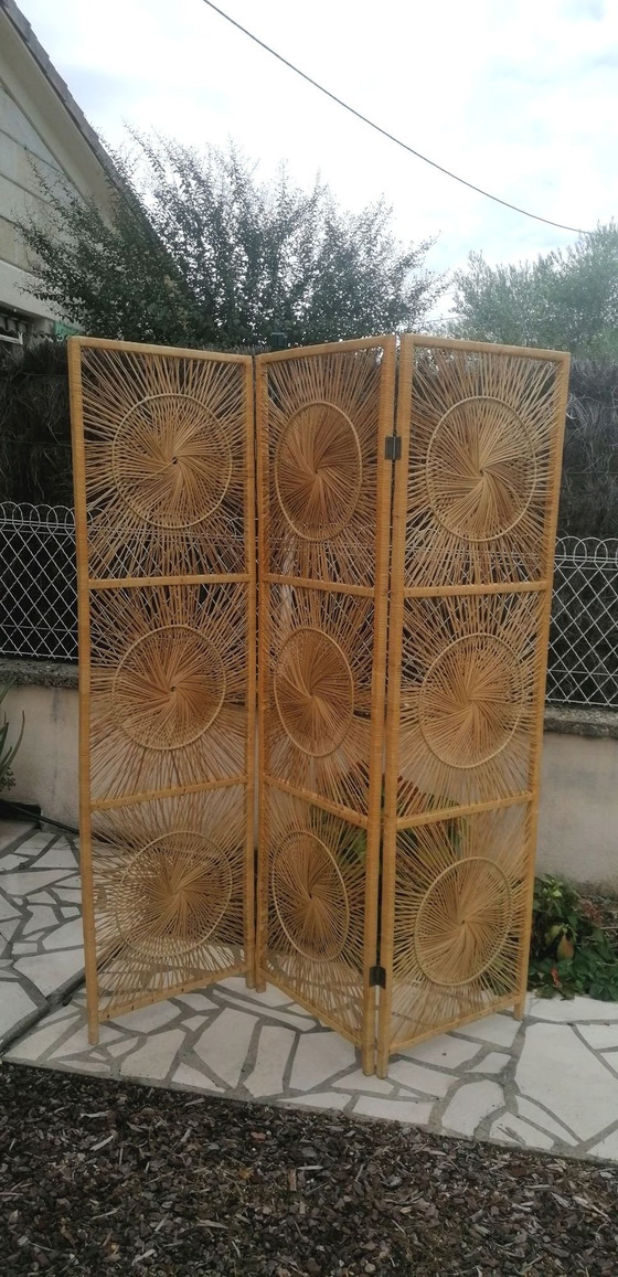3-panel folding rattan, bamboo, and wood screen, Room screens, Brown, Vintage (photo 4 of 14)