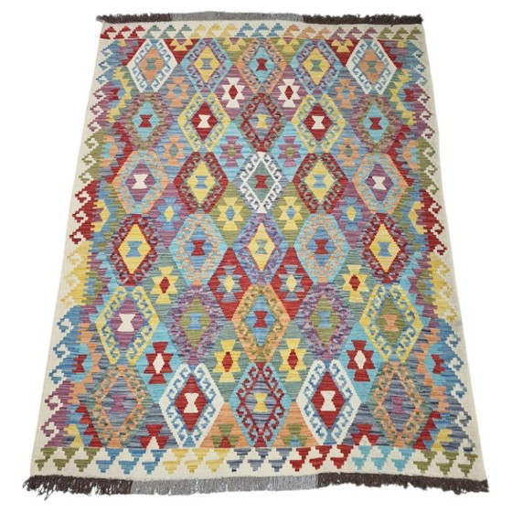 Handgewebter afghanischer Kelim-Teppich – Maimana-Wolle, geometrisches Muster (210 x 164 cm) (photo 4 of 5)