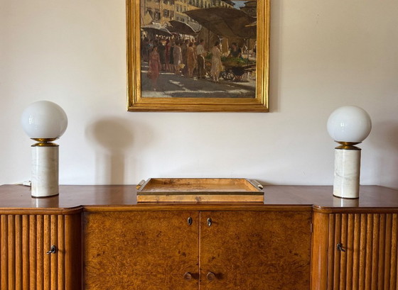 Image 1 of Hollywood regency set of 2 Carrara marble & brass table lamps, Lucirhytmo Italy 1970s