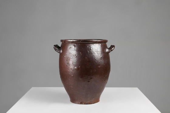 Image 1 of Maceta rústica grande de cerámica esmaltada marrón, firmada, Bélgica, siglo XIX