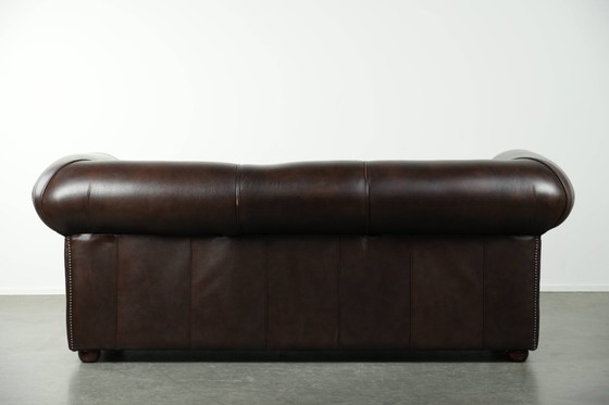 Image 1 of Conjunto de lujo de piel de vacuno marrón compuesto por un sofá Chesterfield liso y un sillón.