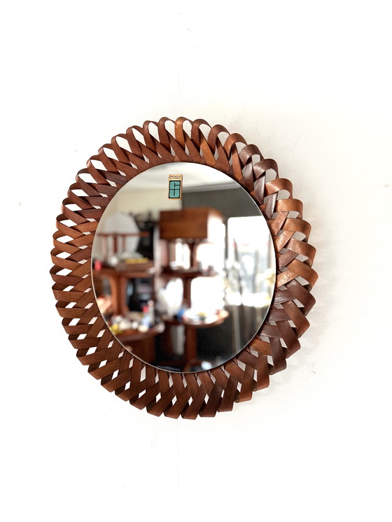 Image 1 of Vintage gevlochten teakhouten wandspiegel ‘60