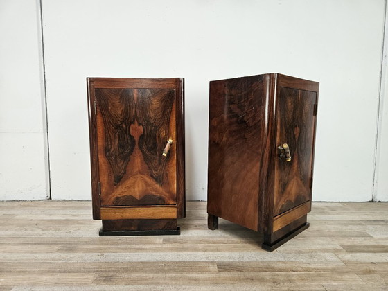 Image 1 of Pair of 1930s Art Deco bedside tables in walnut burl with marble top