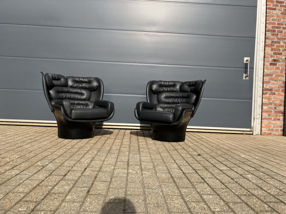Image 1 of 2x Joe Colombo Elda Stuhl, schwarzes Leder, schwarzes Fiberglas